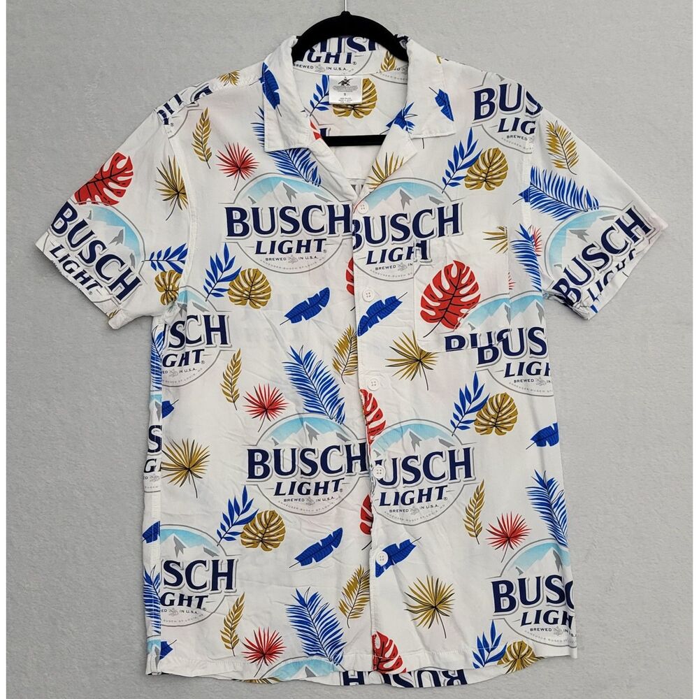 2023 Busch Light Camp Hawaiian Shirt Mens S White Rayon Button Up Beer Logo SS